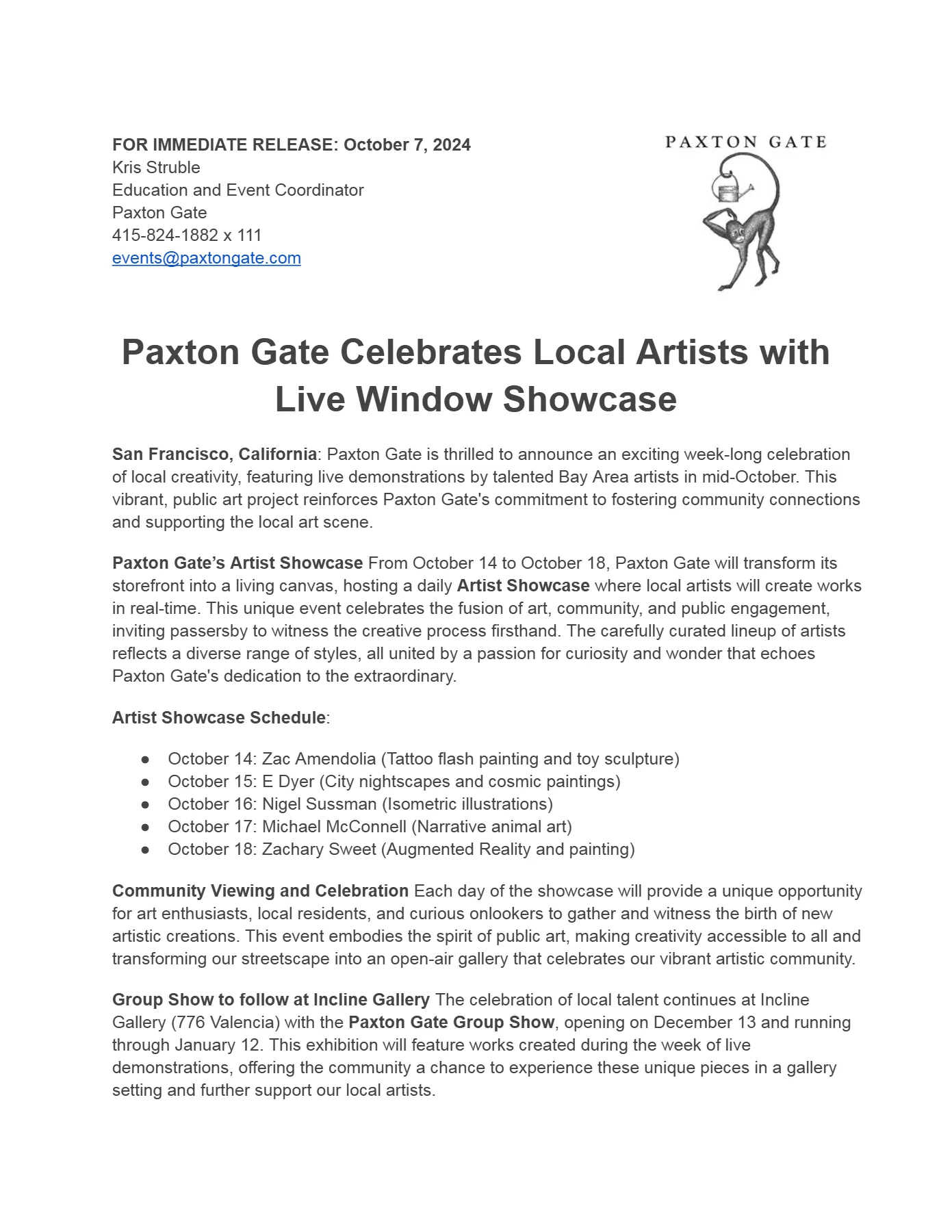 Press release for the Nychos mural and artist showcase, page 1