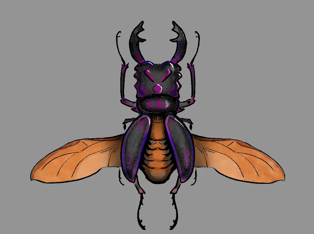 Stag beetle with wings open