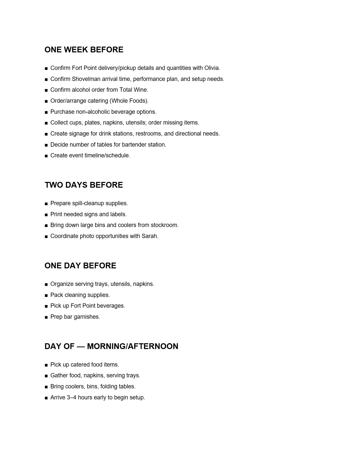 First page of an event checklist organized by one week before, two days before, one day before, and day of