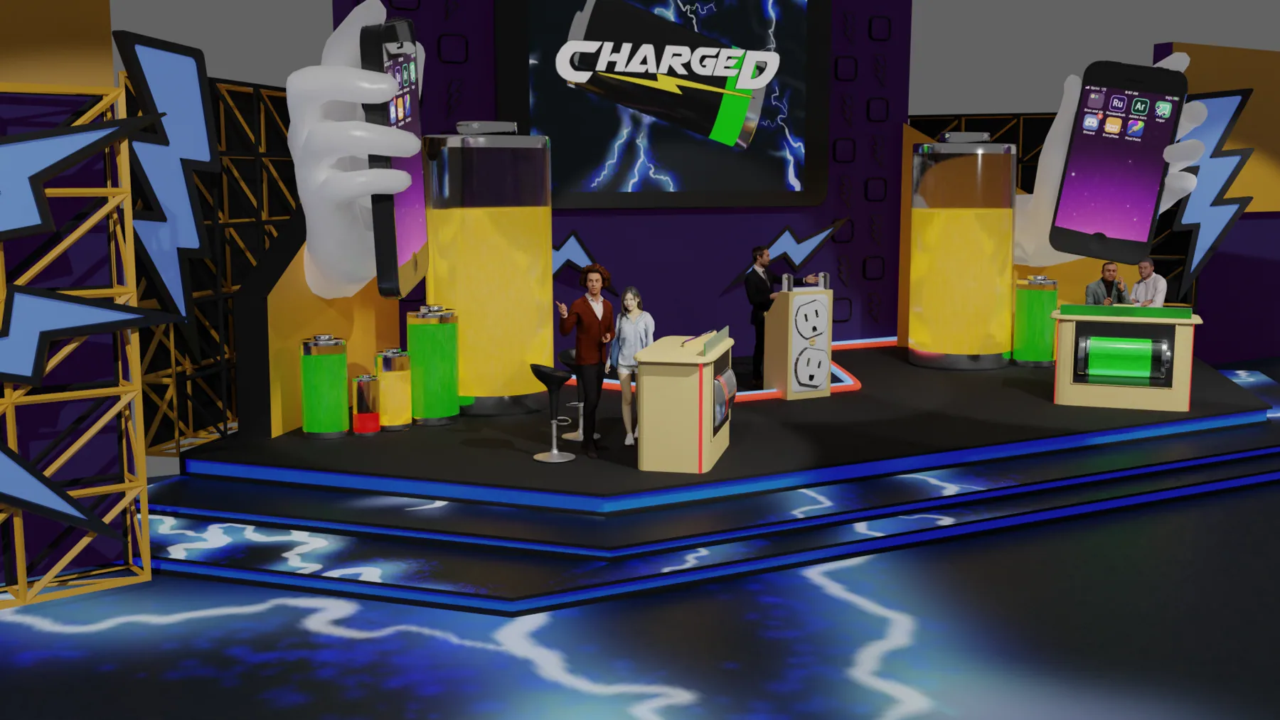 Closer 3D render of the CHARGED stage with host podium and contestant desks