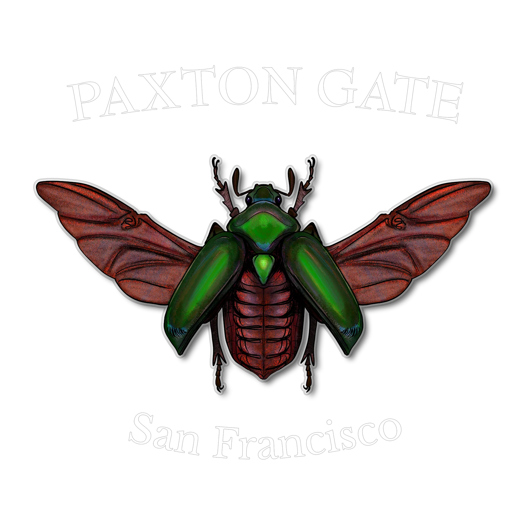 Giant flower beetle illustration with wings spread under the words Paxton Gate San Francisco, as a shirt graphic