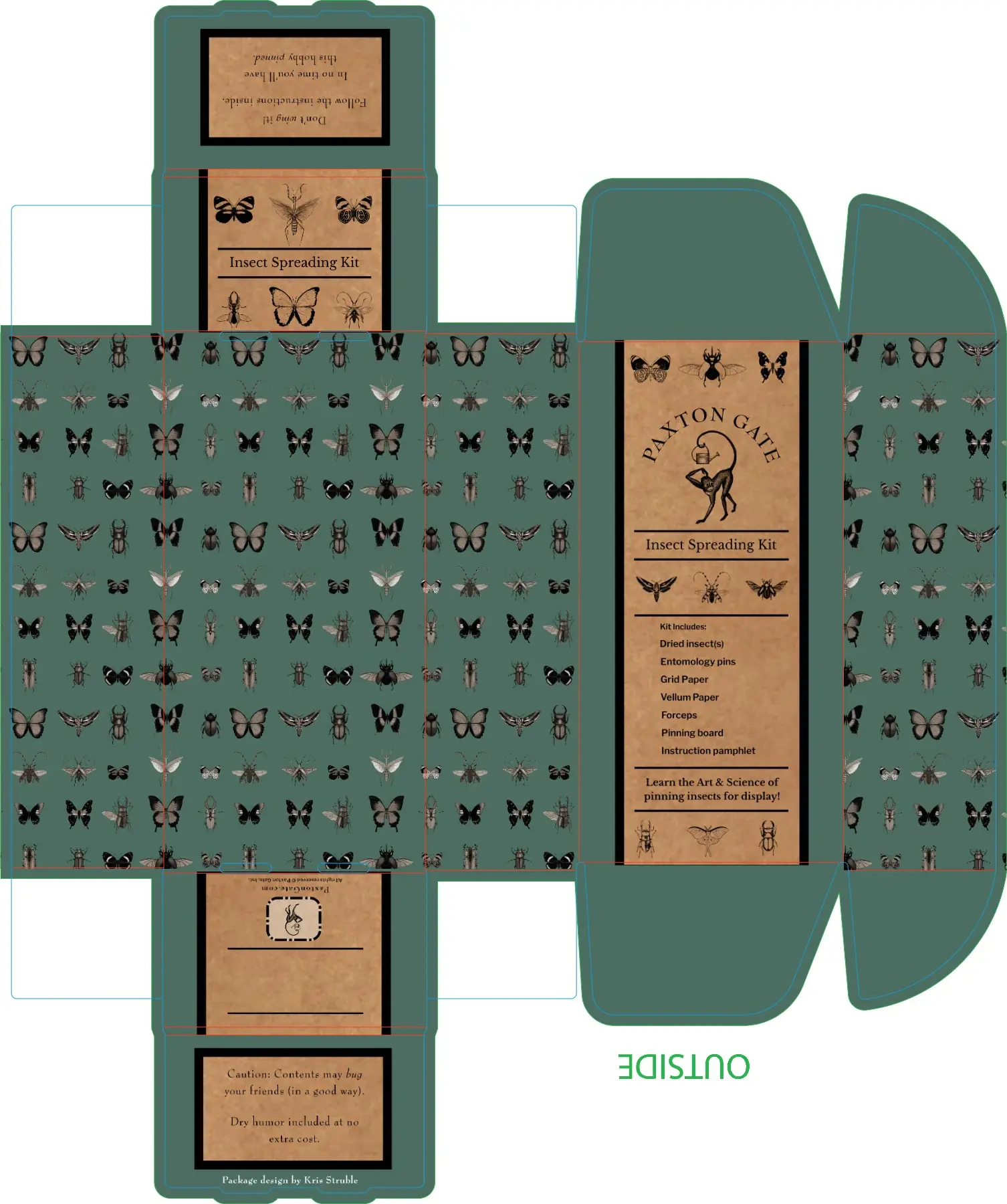 Flat die-line of the version 2 Insect Spreading Kit box: kraft label panels framed by a repeating pattern of illustrated beetles, moths and butterflies on deep green