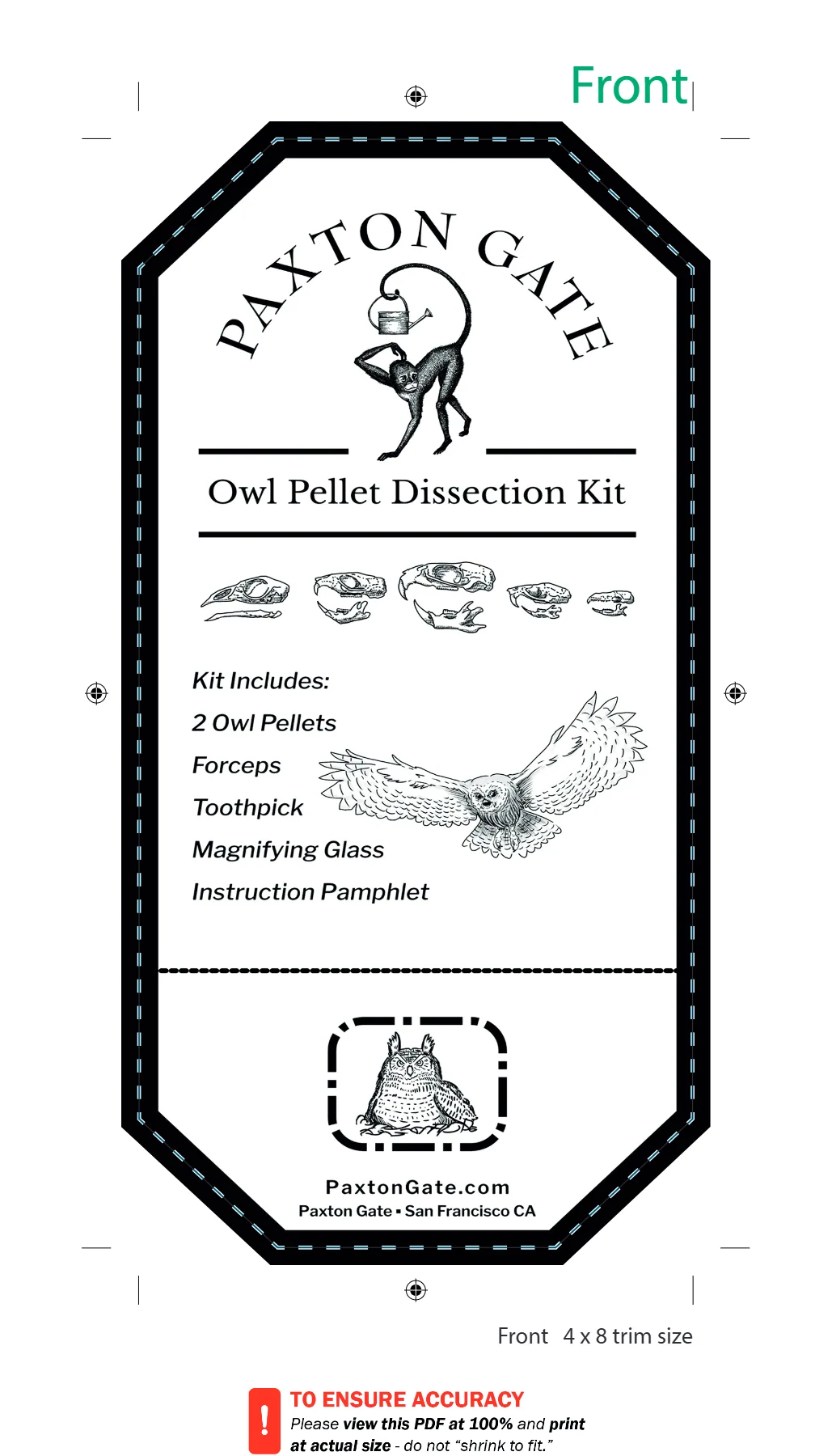 Print proof of the Owl Pellet Dissection Kit label: octagonal frame, Paxton Gate monkey logo, skull row, flying owl and kit contents