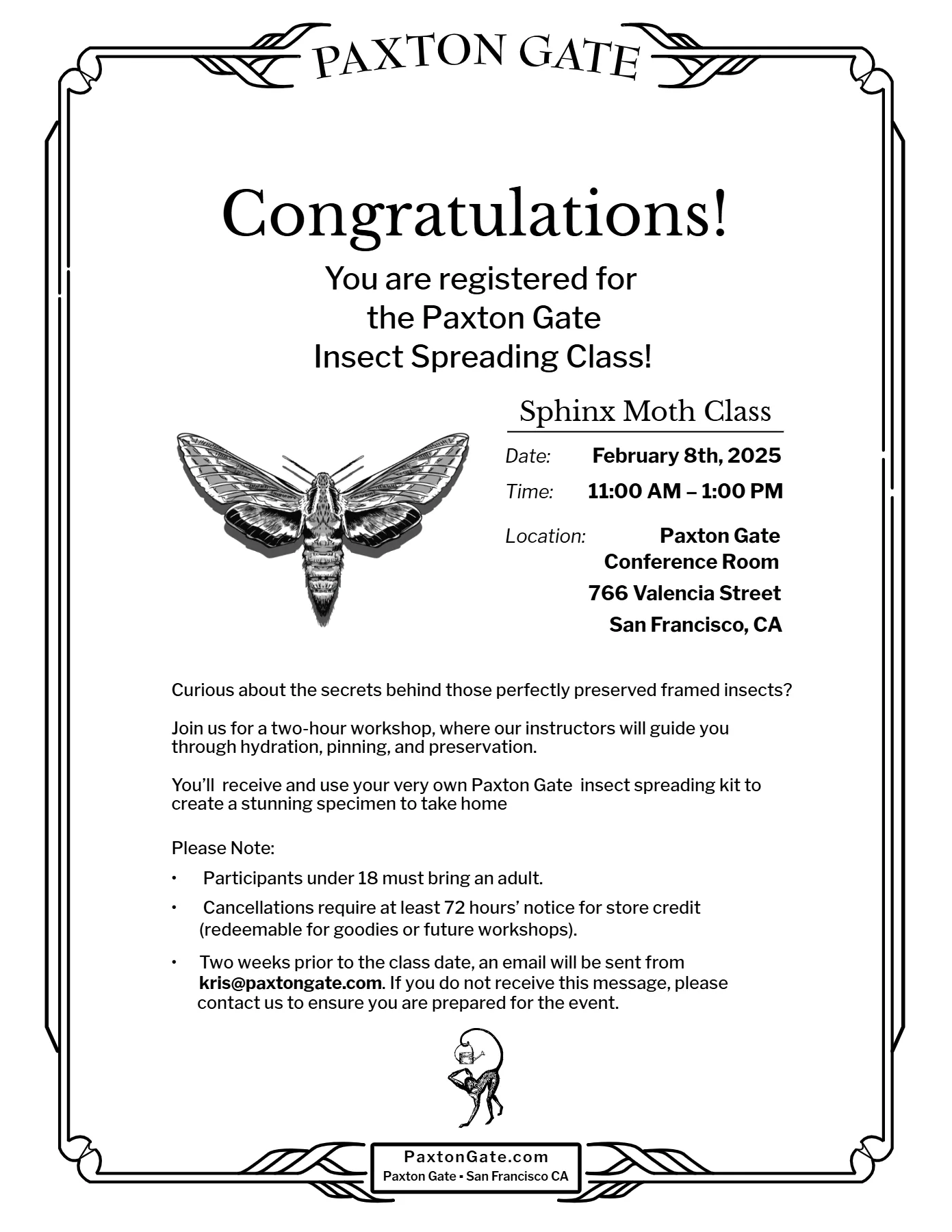 Registration certificate for the Sphinx Moth Spreading Class, with an ink illustration of a hawk moth