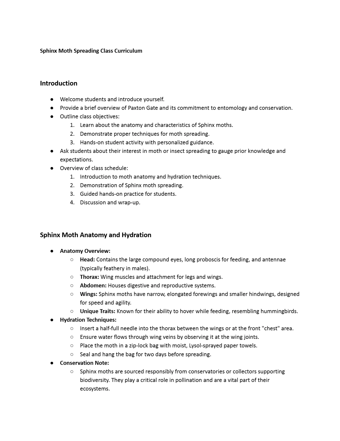 First page of the Sphinx Moth Spreading Class curriculum