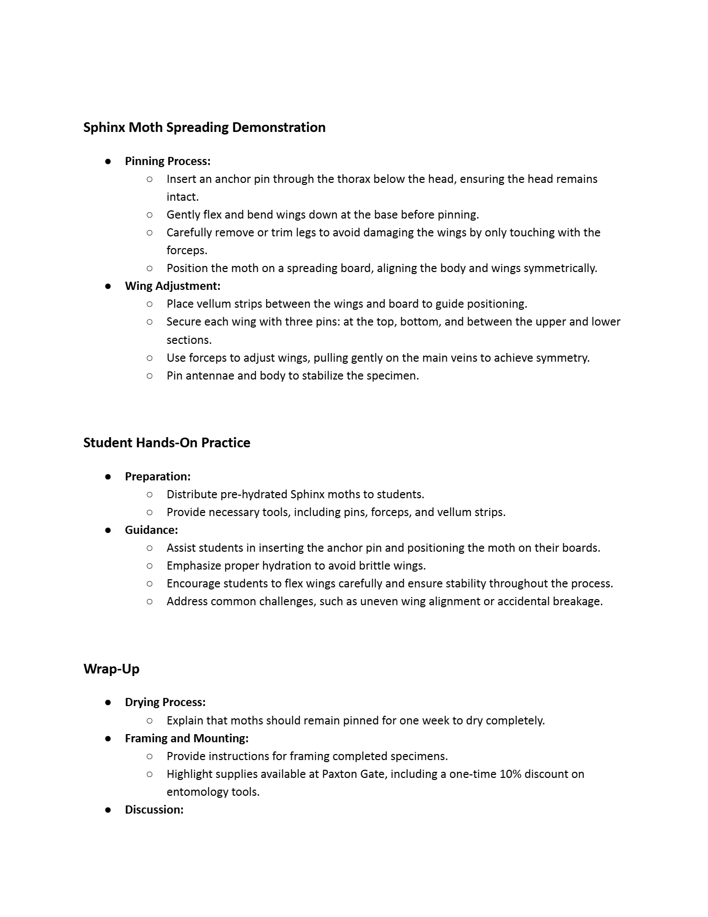 Sphinx Moth Spreading Class curriculum, page 2