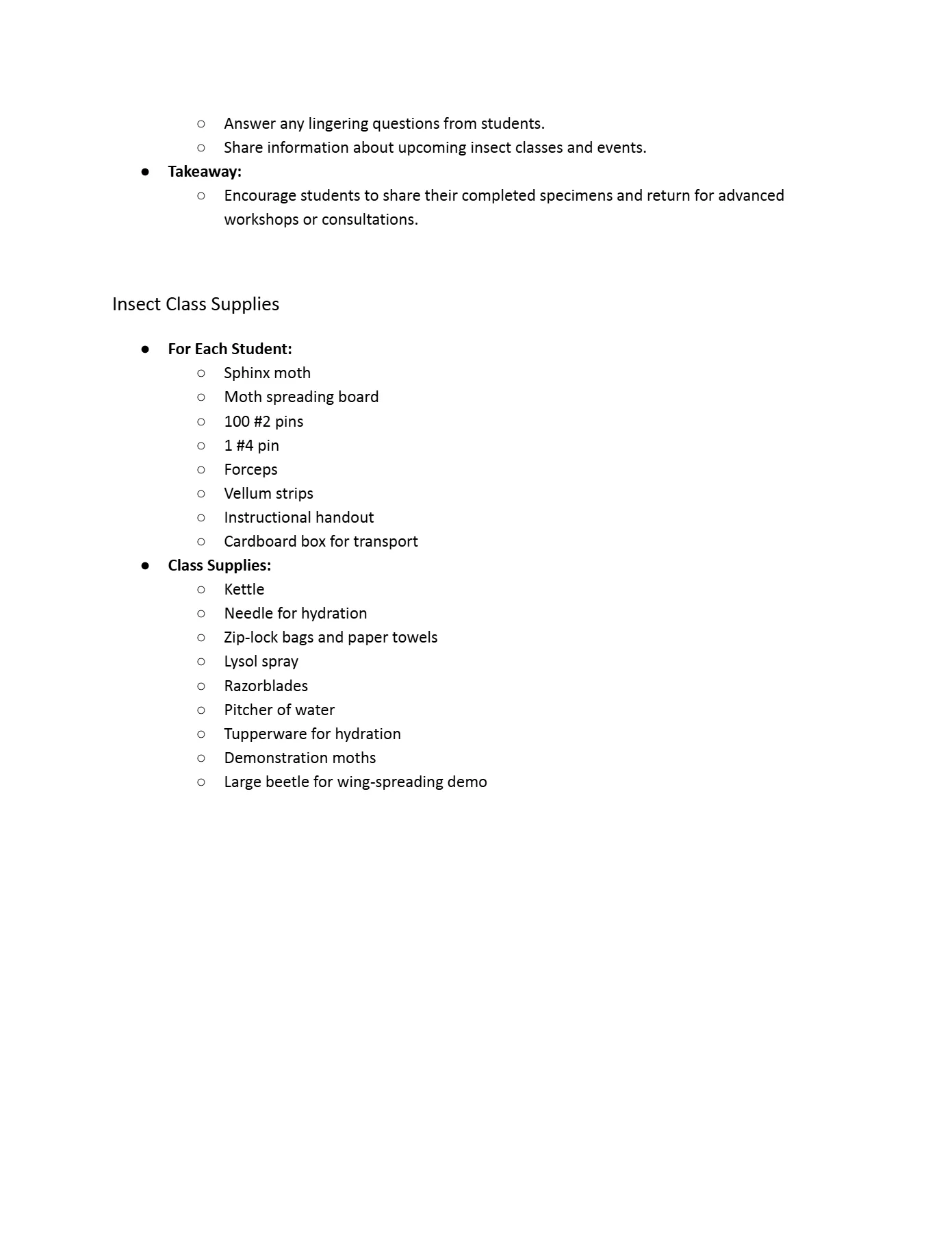 Sphinx Moth Spreading Class curriculum, page 3