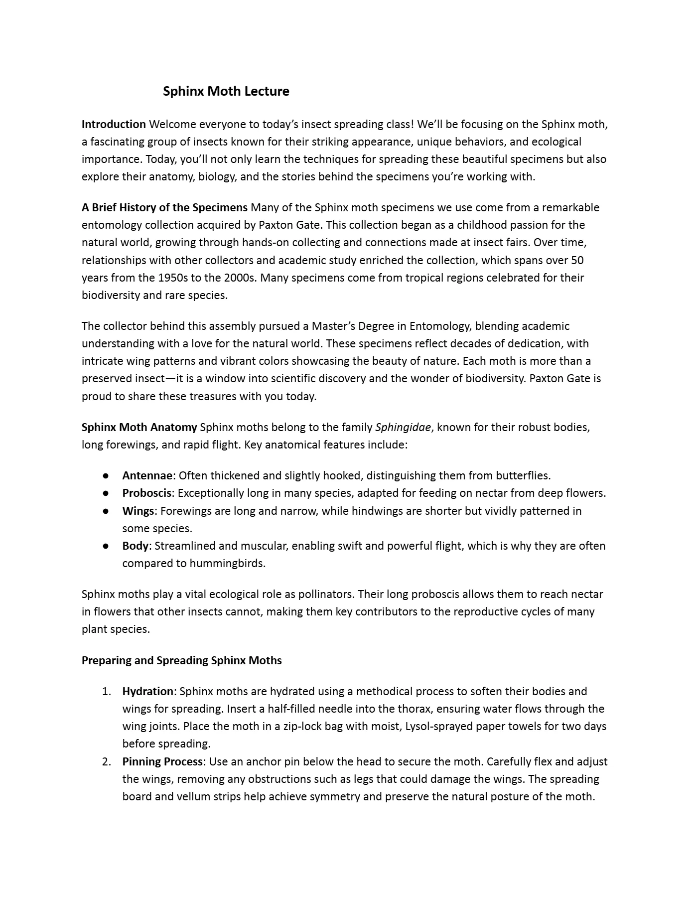 Sphinx Moth Spreading Class curriculum, page 4