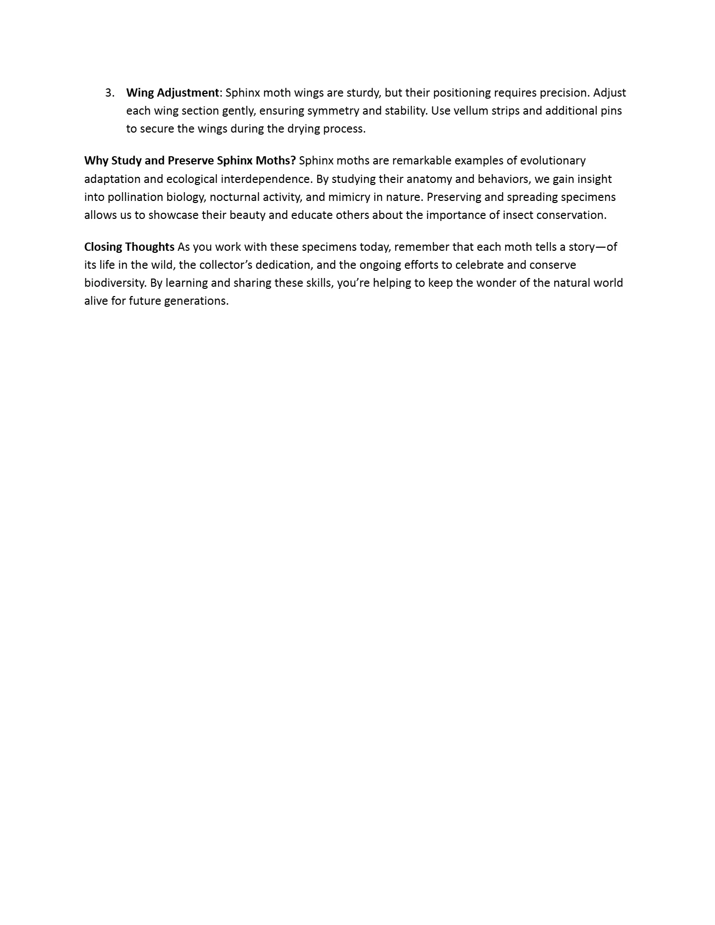 Sphinx Moth Spreading Class curriculum, page 5