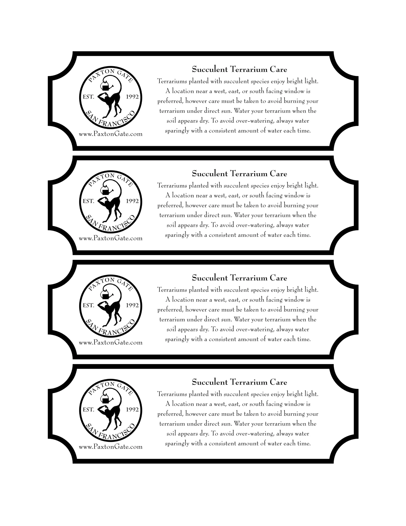 Succulent care cards, four to a page with decorative borders