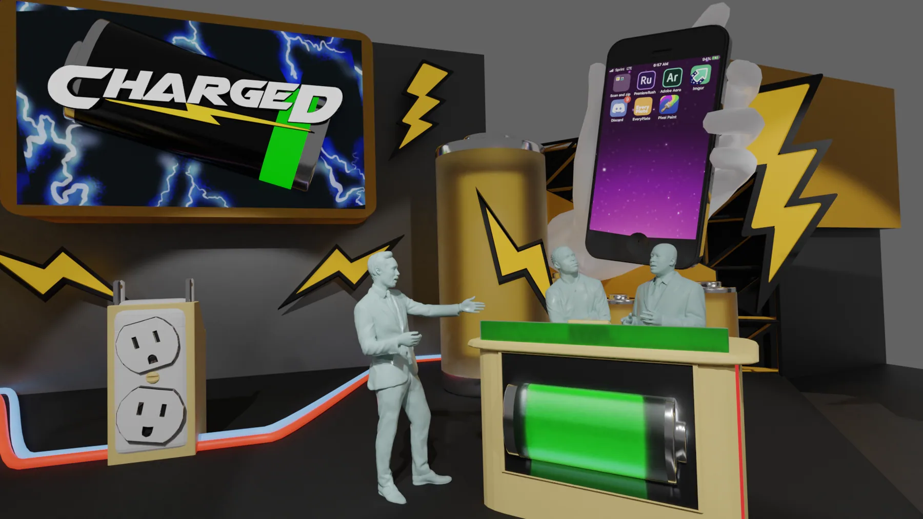 3D render of the CHARGED host talking to contestants at a battery-shaped desk